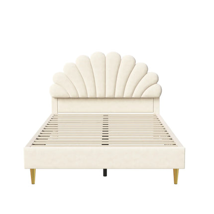 Tweepersoonsbed 140x200 cm – Bloemblaadjesmotief in beige fluweel