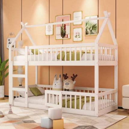 Slaapgedeelte met twee eenpersoonsbedden (90x190 cm) – Wit houten frame