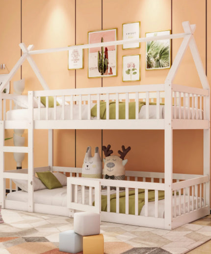 Lit mezzanine 2 lits 1 place 90x190 – Structure bois maison blanche