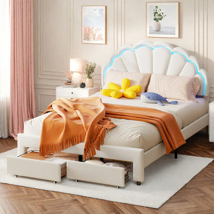 Tweepersoonsbed 140x200 met opberglade – LED-bloemenhoofdbord