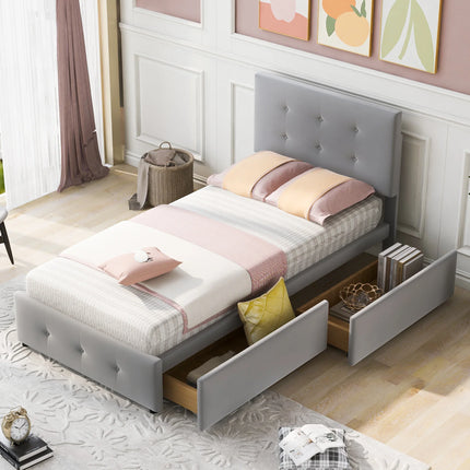 Einzelbett 90x200 – Gepolstertes Design in grauem Samt mit 2 Schubladen