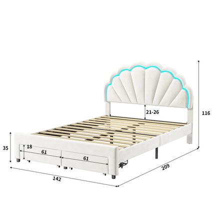 Tweepersoonsbed 140x200 met opberglade – LED-bloemenhoofdbord