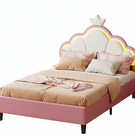 Tweepersoonsbed 140x200 – Princess LED-design met roze kroonvormig hoofdeinde