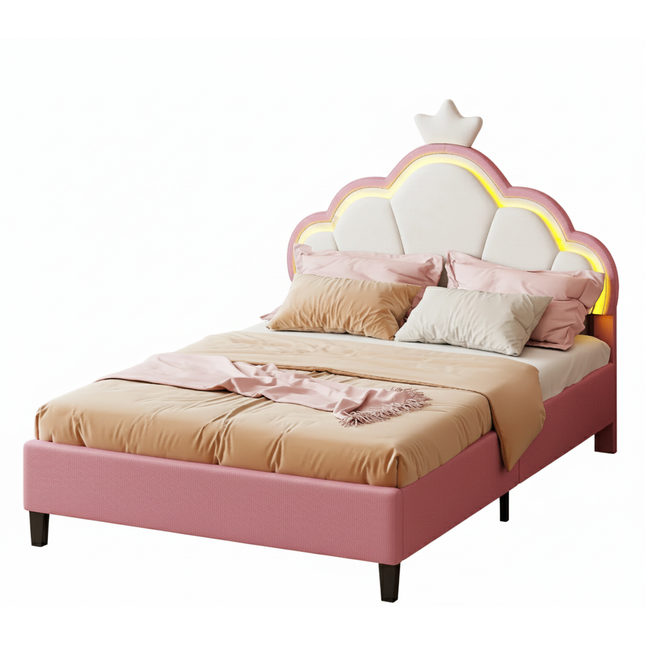 Lit 2 places 140x200 – Design princesse LED avec tête de lit couronne Rose