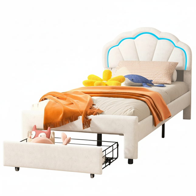 Eenpersoonsbed 90x200 met opberglade – LED-bloemenhoofdbord