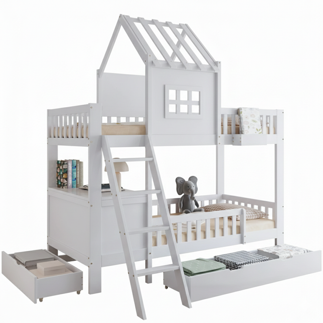 Hochbett mit Zwischengeschoss für 1 Person, 90 x 200 cm – bietet Platz für 2 Personen, Weiß
