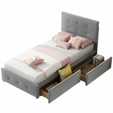 Einzelbett 90x200 – Gepolstertes Design in grauem Samt mit 2 Schubladen