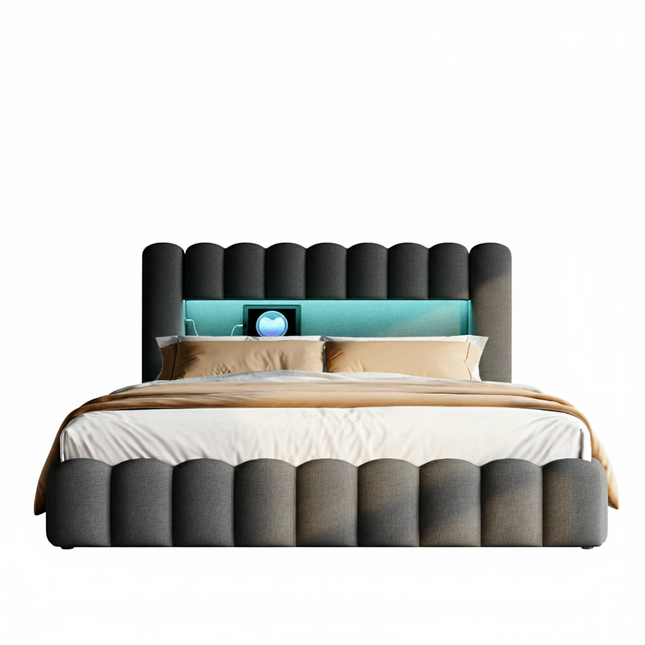 Lit coffre 2 places 140x200 avec rangement – LED & USB intégré