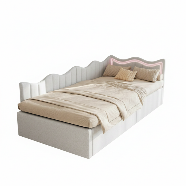 Einzelbett mit Stauraum (90 x 200 cm) und hydraulischer Staufunktion – beiger Samt