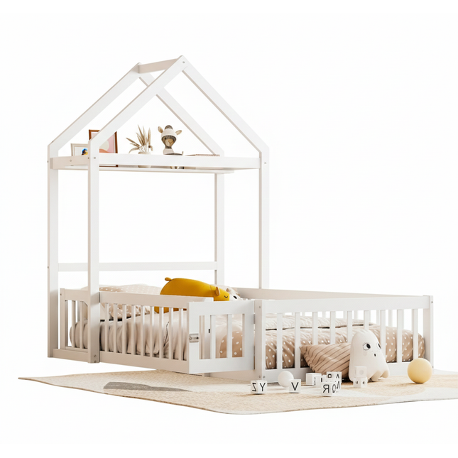 90 x 200 cm großes Holz-Hochbett – mit Sicherheitsgeländer, weiß oder grau