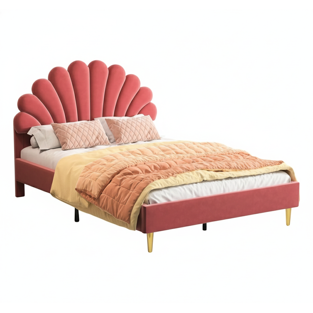 Lit 2 places 140x200 – Design pétale en velours rose