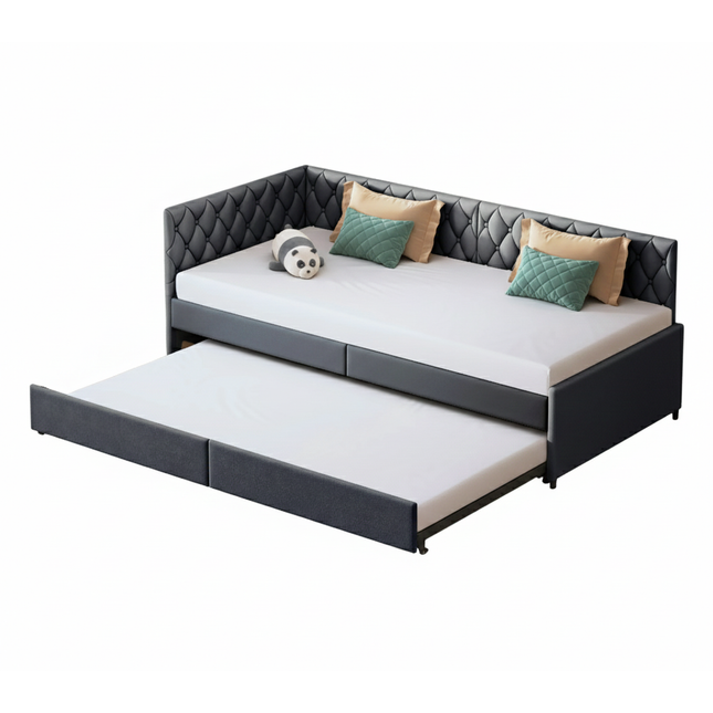 Eenpersoons onderschuifbed 90x200 met uitschuifbaar bed – Grijs fluweel