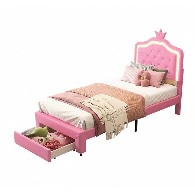 Eenpersoonsbed 90x200 – Prinsessenmodel met opberglade Roze
