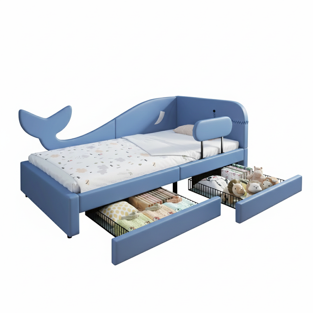 Eenpersoonsbed 90x200 cm voor kinderen met opbergruimte – Blue Whale design