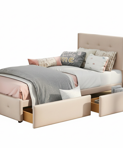 Lit 1 place 90x200 avec tiroirs de rangement – Velours capitonné