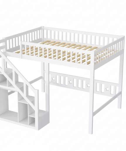 Lit mezzanine 1 ou 2 places 140x200 – Bois blanc avec escalier et rangements