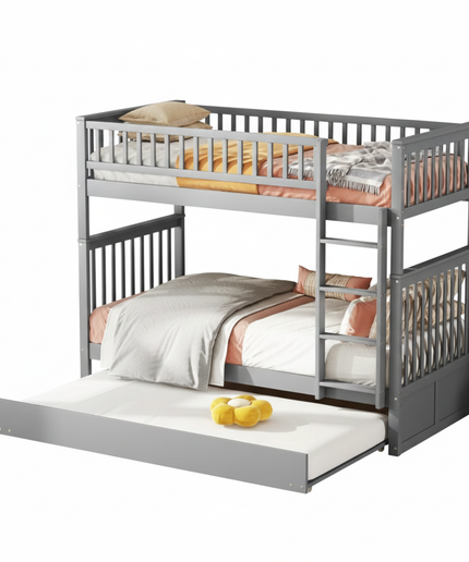 Lit mezzanine 2 lits de 1 place 90x200 – Bois avec escalier et lit gigogne Gris