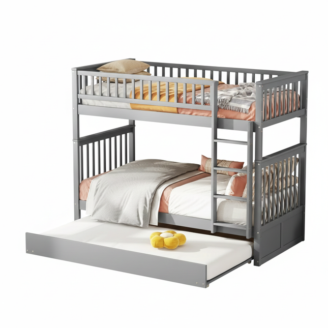 Hoogslaper met twee eenpersoonsbedden (90x200cm) – Hout met trap en uitschuifbaar bed, grijs