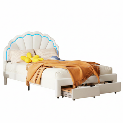 Tweepersoonsbed 140x200 met opberglade – LED-bloemenhoofdbord