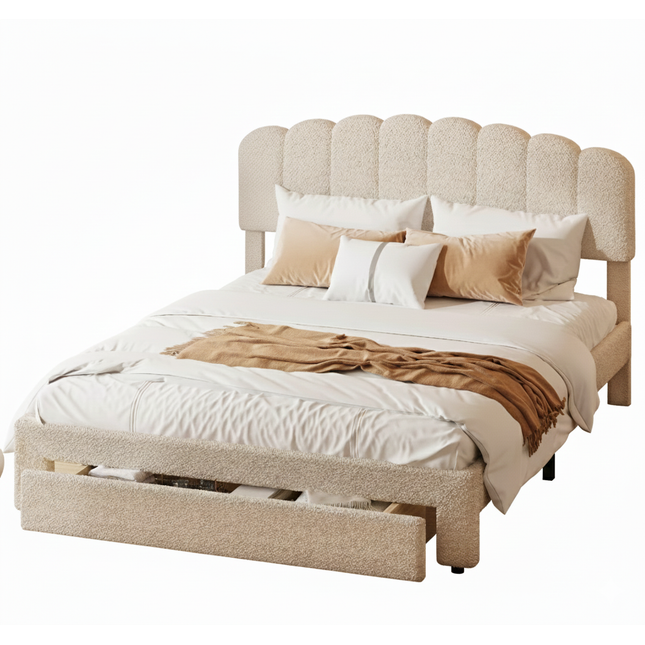 Lit 2 places 160x200 avec tiroir – Tête de lit teddy Molletonnée réglable beige