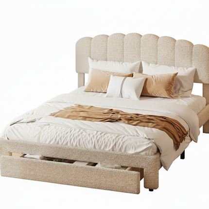 Tweepersoonsbed 140x200 met lade – Verstelbaar beige gewatteerd teddybeer hoofdbord