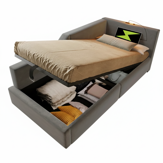 Einzelbett mit Stauraum (90 x 200 cm) – Samt-Tagesbett mit Beleuchtung und USB-C-Anschluss, Grau