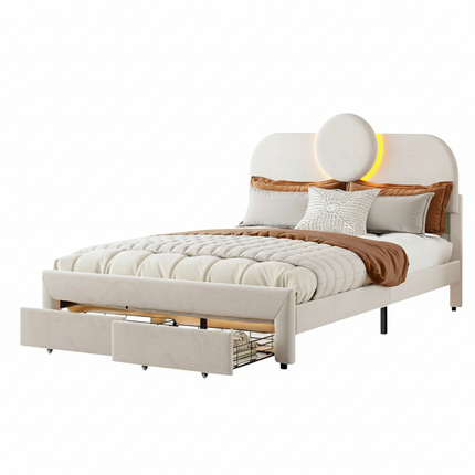 Tweepersoonsbed 140x200 cm in fluweel met opbergruimte – Rond LED-hoofdbord