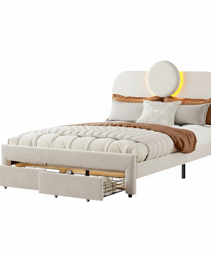 Lit 2 places 140x200 en velours avec rangement – Tête ronde LED