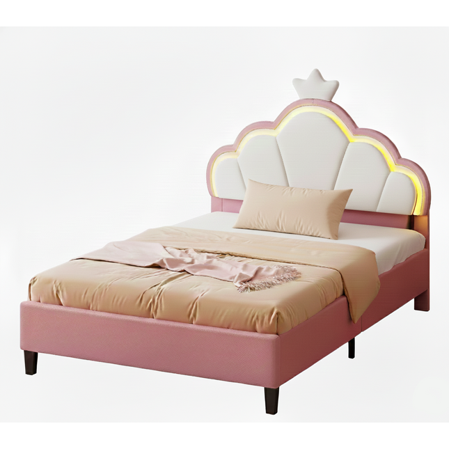 Eenpersoonsbed 90x200 – Princess LED-design met roze kroonvormig hoofdeinde