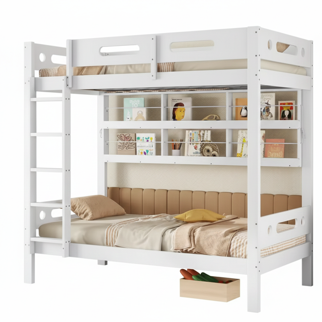 Einzel-Hochbett (90 x 200 cm) – Für 2 Personen – Weißes Holz mit 5-stufiger Leiter und Stauraum