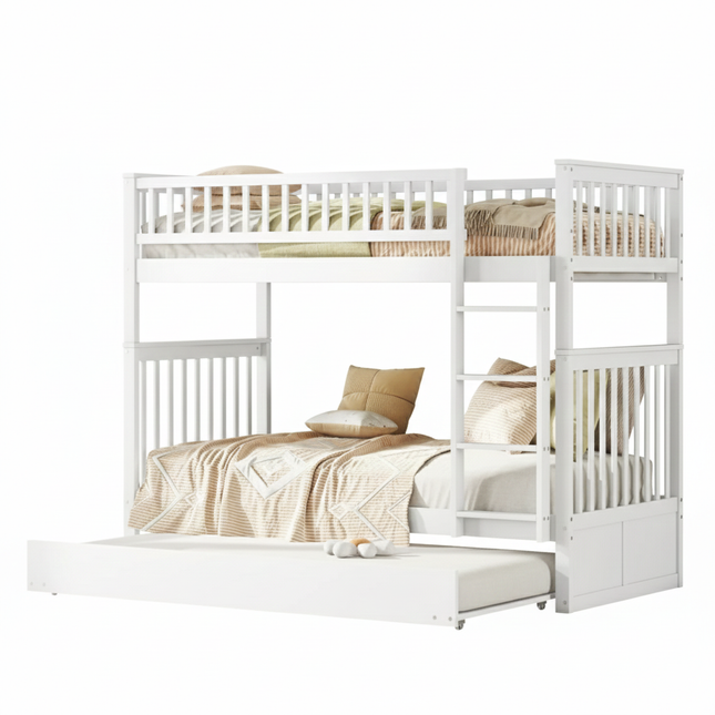 Hochbett mit Ausziehbett, 2 Einzelbetten (90x200 cm) – Holz mit Treppe, Weiß