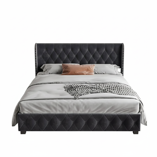 Lit 2 places 180x200 avec rangement – Velours gris capitonné