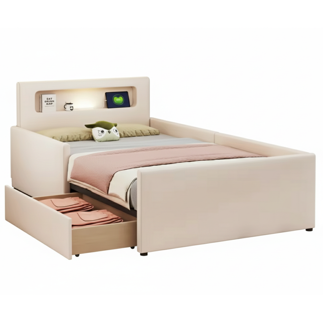 Eenpersoonsbed 90x200 met lade – PU met LED-verlichting en USB-aansluiting