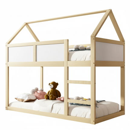 Slaapgedeelte met twee eenpersoonsbedden (90x190 cm) – Houten en wit frame