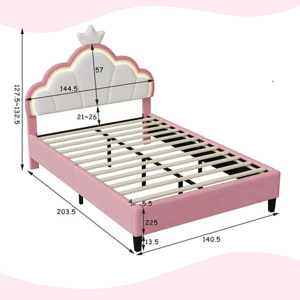 Tweepersoonsbed 140x200 – Princess LED-design met roze kroonvormig hoofdeinde