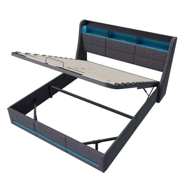 Lit coffre 140x200 avec rangement – Tissu Gris & LED