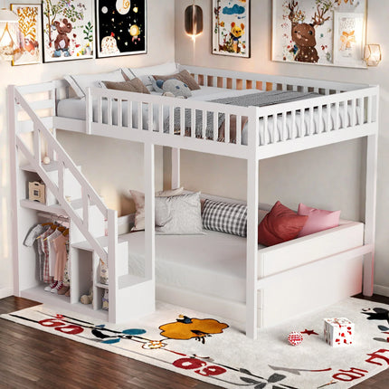 Hoogslaper voor 1 of 2 personen, 140x200 cm – Wit hout met trap en opbergruimte