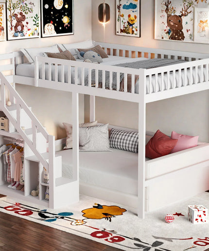 Lit mezzanine 1 ou 2 places 140x200 – Bois blanc avec escalier et rangements