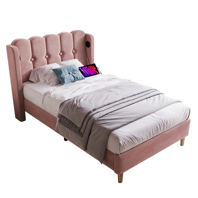 Eenpersoonsbed 90x200 cm – Roze getuft fluweel met geïntegreerde USB-C-poort