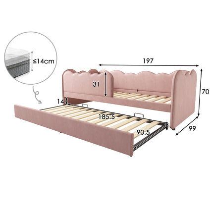 Eenpersoonsbed 90x190 met uitschuifbaar bed – Roze fluwelen uitschuifbed