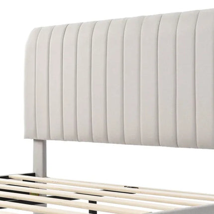 Tweepersoonsbed 160x200 – Beige stof, verstelbaar hoofdeinde