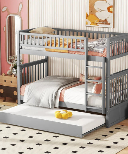 Lit mezzanine 2 lits de 1 place 90x200 – Bois avec escalier et lit gigogne Gris