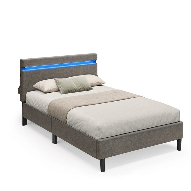 Eenpersoonsbed 90x190 cm – Metalen frame met LED-verlichting, USB-poort en Type-C-aansluiting, grijs