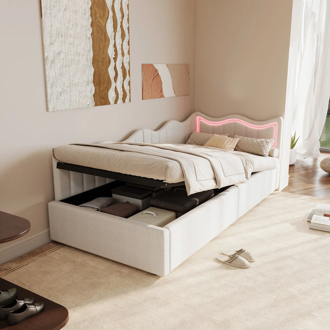 Einzelbett mit Stauraum (90 x 200 cm) und hydraulischer Staufunktion – beiger Samt