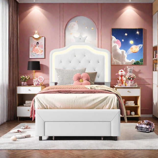 Eenpersoonsbed 90x200 – Princess-design met opberglade, wit