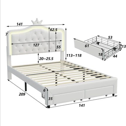 Tweepersoonsbed 140x200 – Princess-design met opberglade, wit