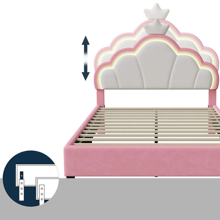 Tweepersoonsbed 140x200 – Princess LED-design met roze kroonvormig hoofdeinde