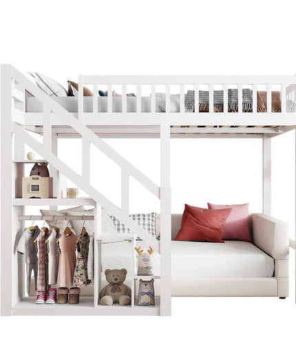 Lit mezzanine 1 ou 2 places 140x200 – Bois blanc avec escalier et rangements