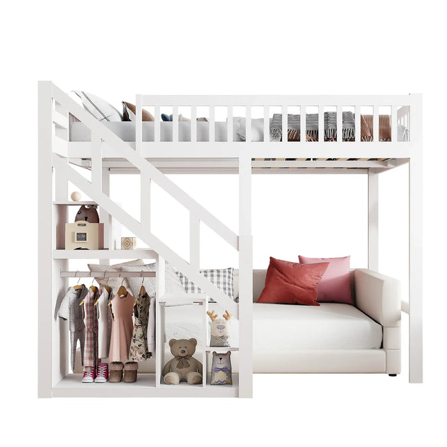 Einzel-Hochbett 90x200 – Weißes Holz mit Treppe und Stauraum