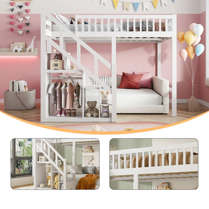 Hoogslaper voor 1 of 2 personen, 140x200 cm – Wit hout met trap en opbergruimte